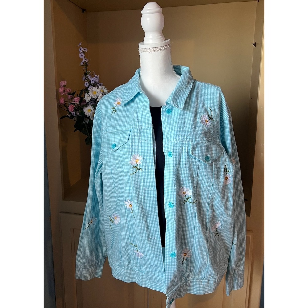 Y2K Womens Large Pastel Blue Gingham Vtg Button Down Embroidered Daisy‎ Flowers